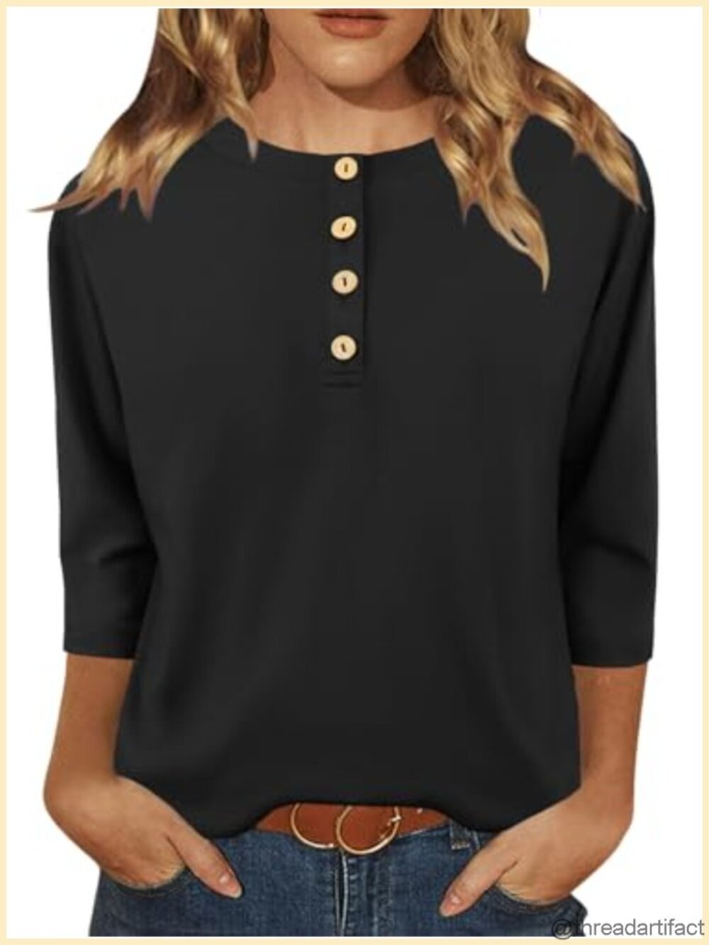 JomeDesign Womens Tunic Top 3/4 Sleeve Button-Down Crew Neck Loose Fit Casual